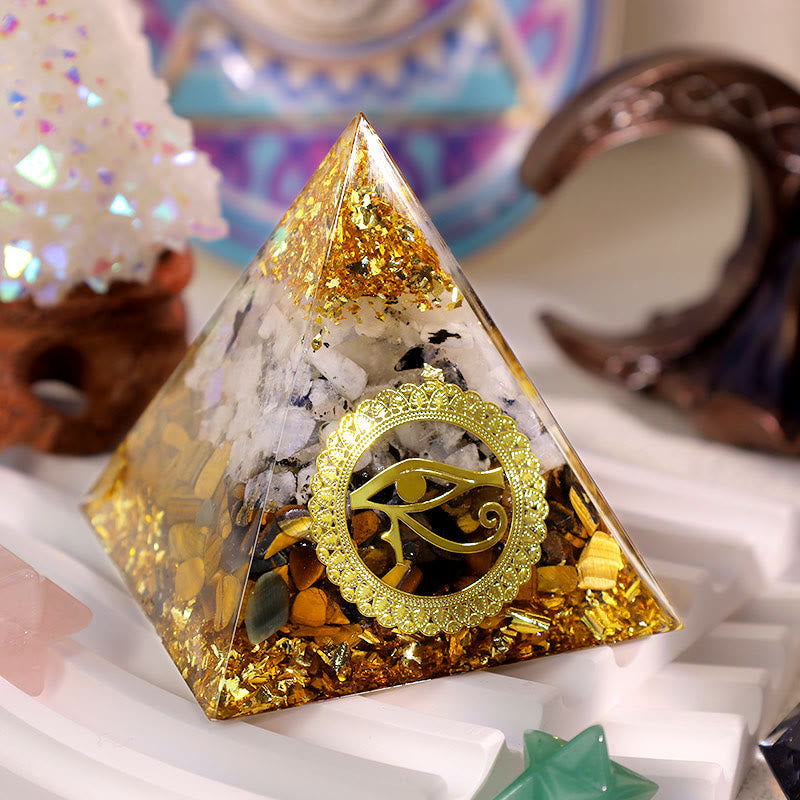 Oeil de tigre Olivenorma Pierre de lune Oeil d'Horus Pyramide orgone