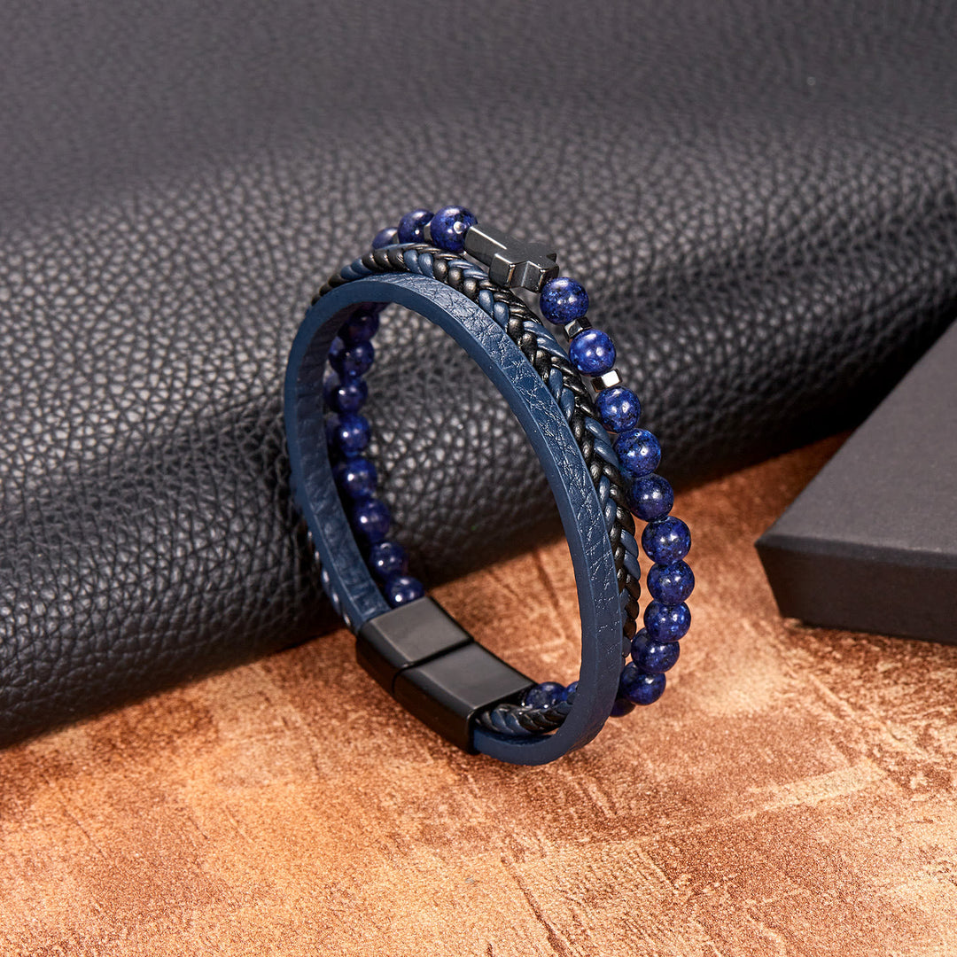 Bracelet en cuir tressé pour homme avec perles en pierre naturelle Olivenorma