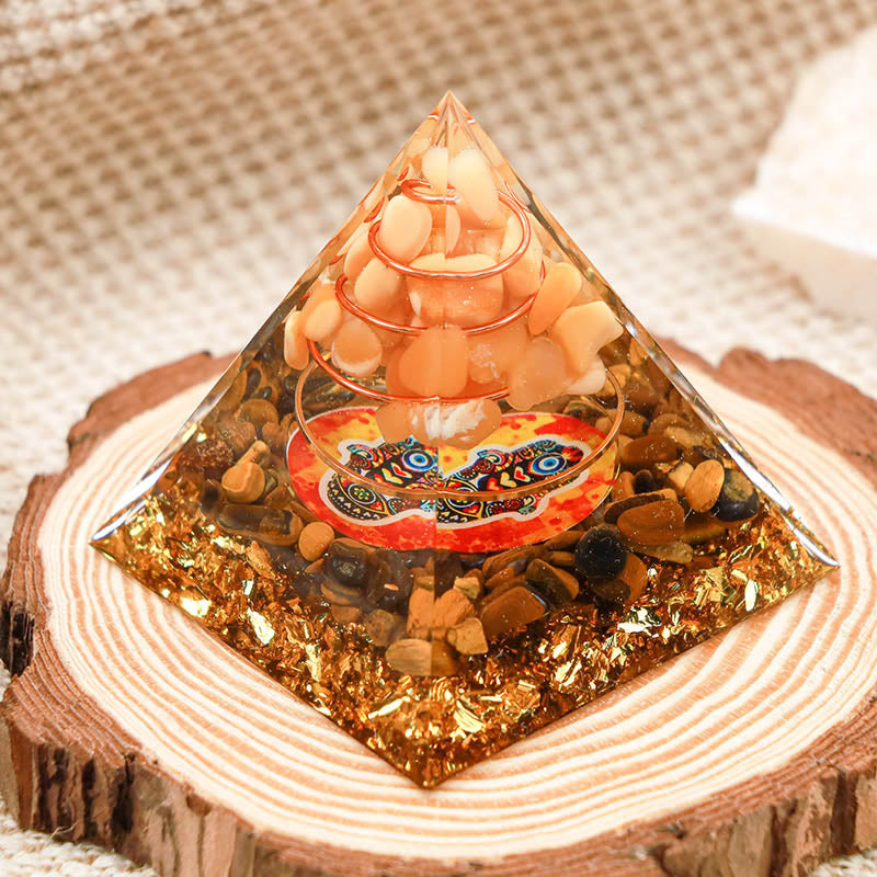 Pierre de soleil Olivenorma avec œil de tigre Pyramide Orgone Hamsa