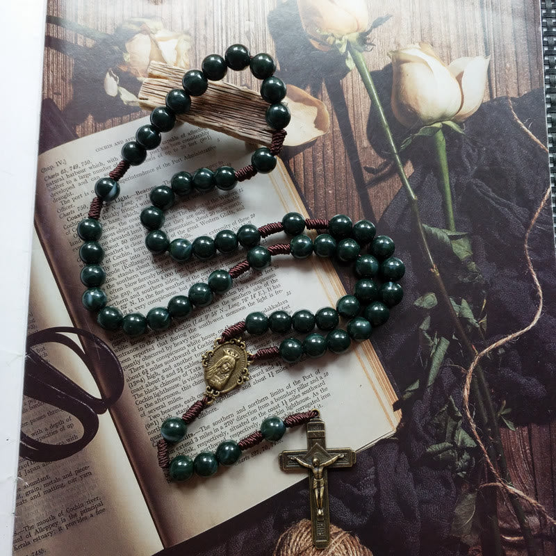 Collier chapelet avec pendentif croix sacrée en agate mousse Olivenorma
