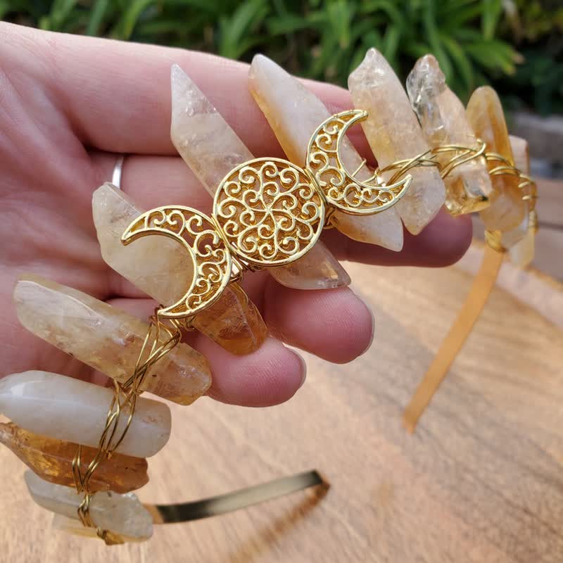 Couronne de citrine Olivenorma avec couronne de cristal de phase de lune en or