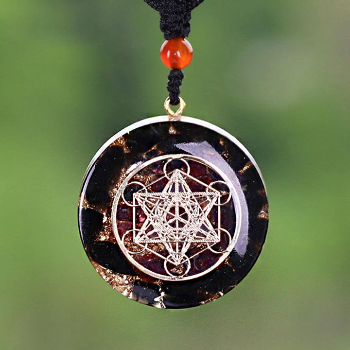 Collier symbole du cube de Métatron en obsidienne et grenat Olivenorma