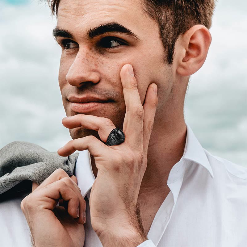 Bague homme rétro en pierre turquoise noire Olivenorma