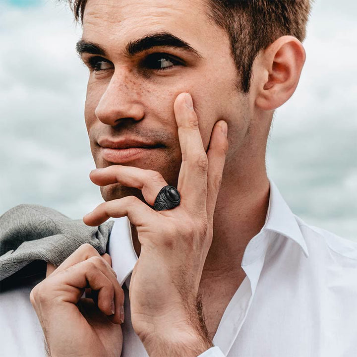 Bague homme rétro en pierre turquoise noire Olivenorma