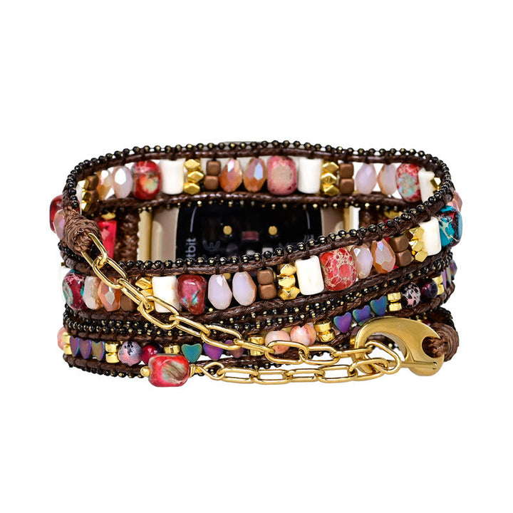 Bracelet de montre Fitbit tissé à la main avec perles en pierre rouge Olivenorma à 3 couches