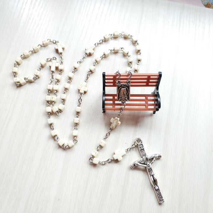 Collier chapelet en perles cubiques blanches et turquoises Olivenorma