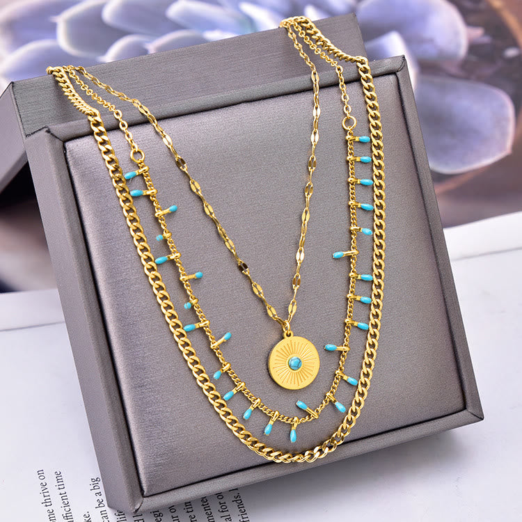 Ensemble de collier triple pendentif en turquoise naturelle Olivenorma 18 carats