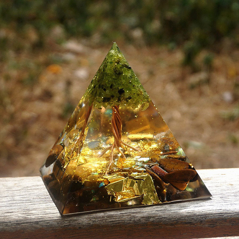 Olivenorma Arbre de Vie Péridot avec Pyramide Orgone Oeil de Tigre