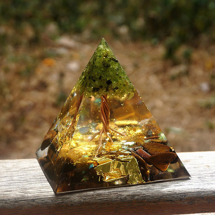 Olivenorma Arbre de Vie Péridot avec Pyramide Orgone Oeil de Tigre