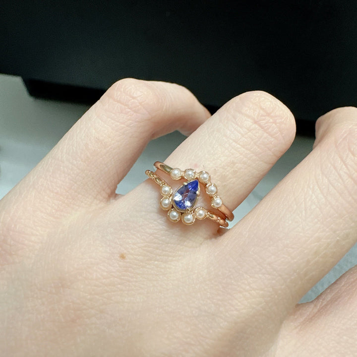 Bague double couche en forme de larme avec saphir et perle S925 Olivenorma