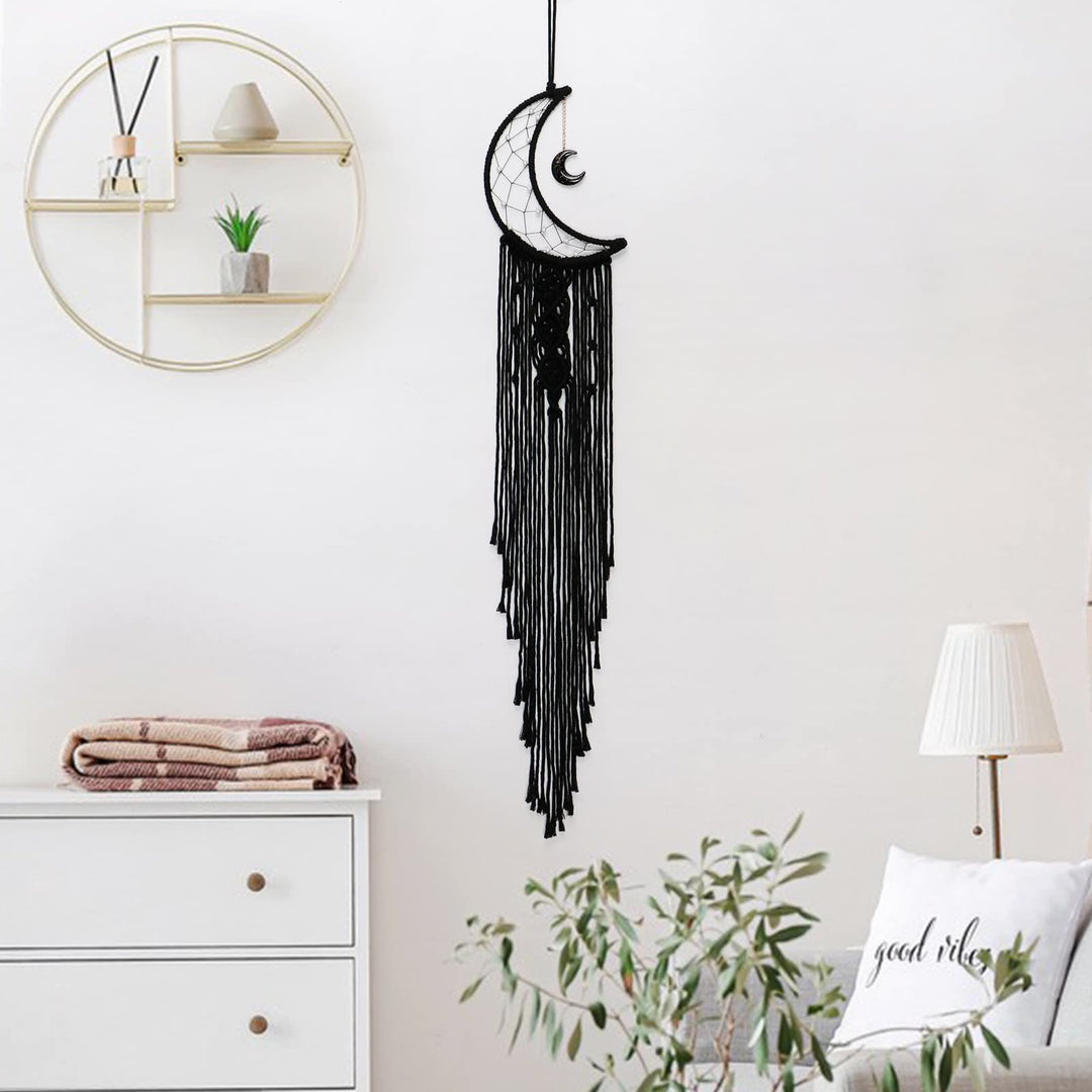 Attrape-rêves en macramé avec motif lune en onyx noir Olivenorma