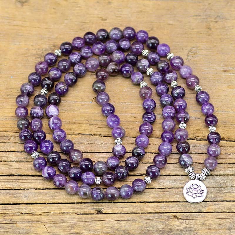 Collier et bracelet Mala symbole lotus améthyste Olivenorma