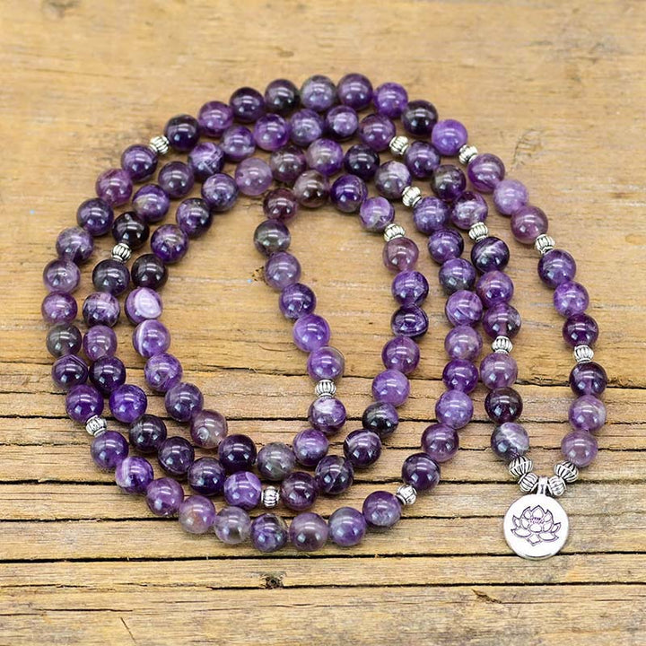 Collier et bracelet Mala symbole lotus améthyste Olivenorma
