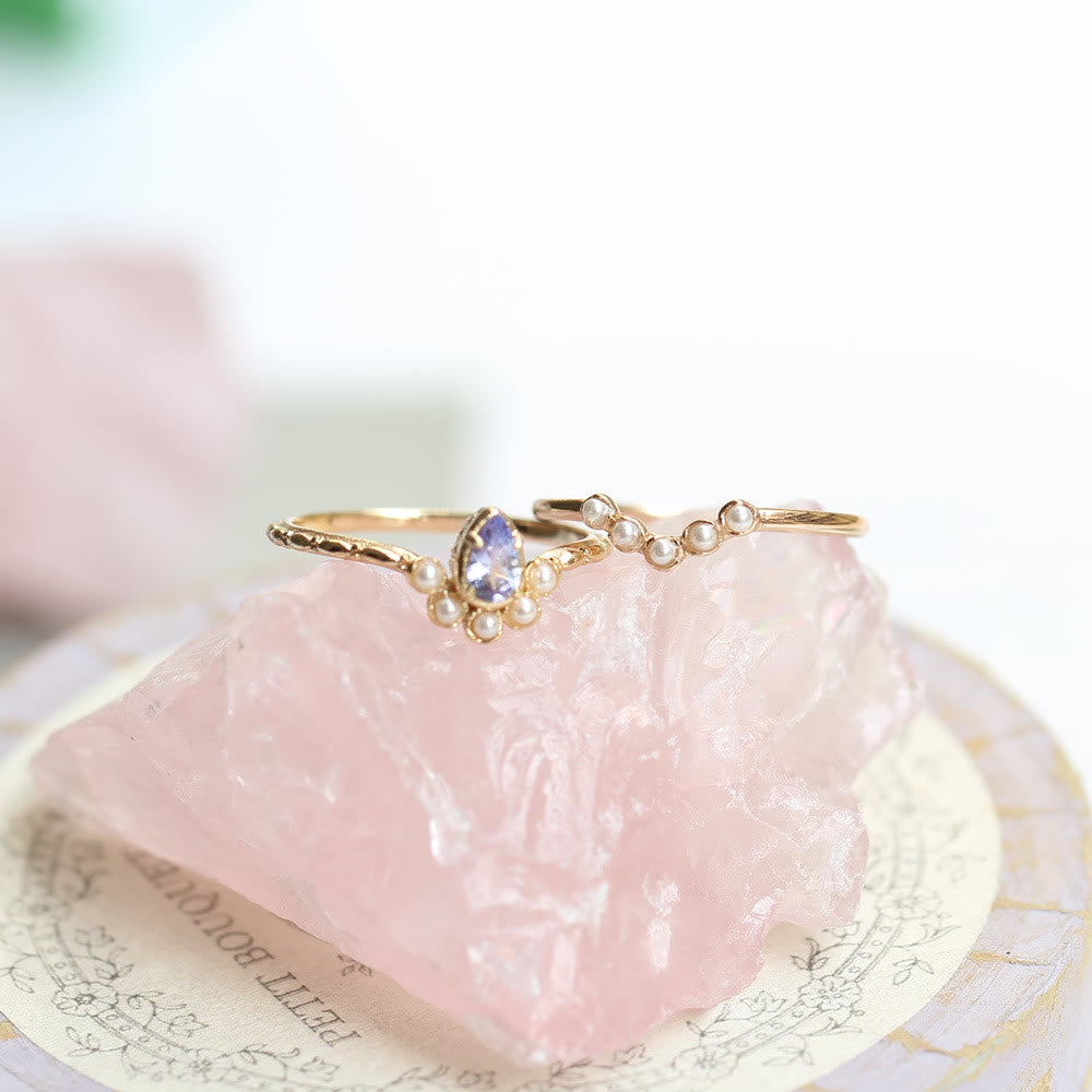 Bague double couche en forme de larme avec saphir et perle S925 Olivenorma