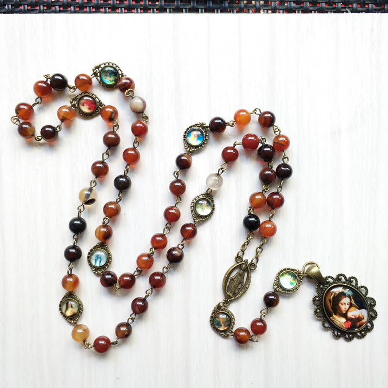 Collier chapelet avec pendentif médaille sacrée de la Vierge en agate Olivenorma