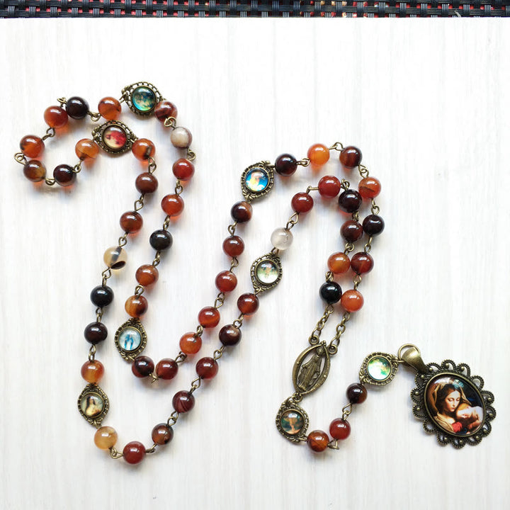 Collier chapelet avec pendentif médaille sacrée de la Vierge en agate Olivenorma