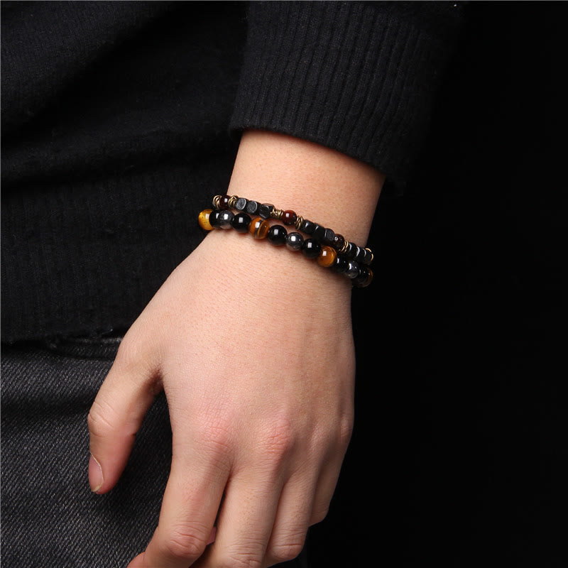 Bracelet homme double couche avec pendentif croix en pierre naturelle Olivenorma