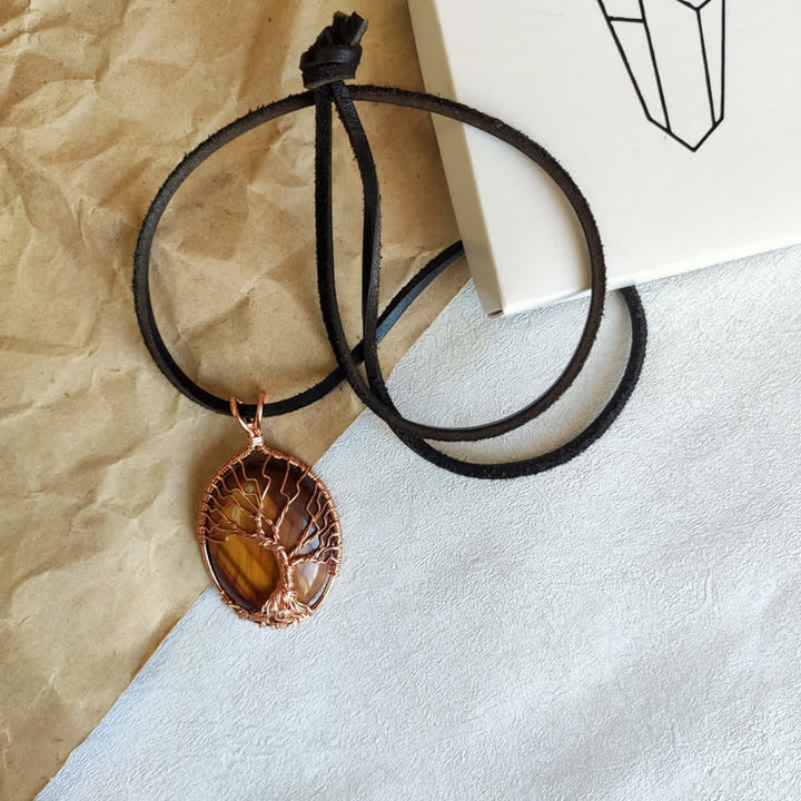 Collier ovale en pierre précieuse arbre de vie œil de tigre Olivenorma