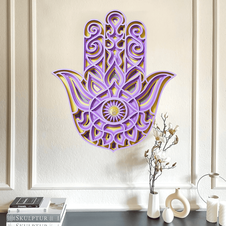 Décoration murale sculptée 3D Olivenorma violet rose Om Hamsa Chakra