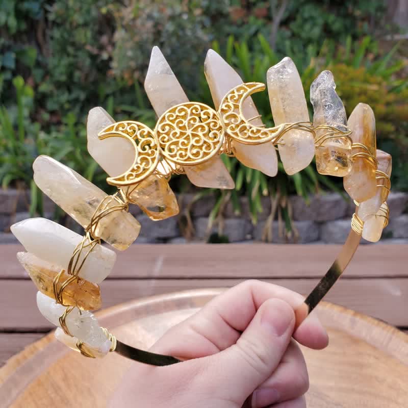 Couronne de citrine Olivenorma avec couronne de cristal de phase de lune en or