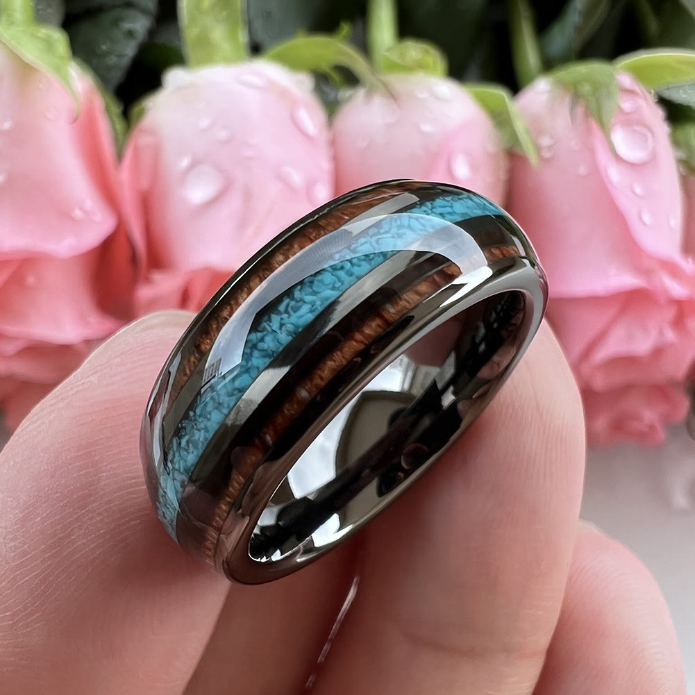 Bague en carbure de tungstène poli Olivenorma Wood Turquoise 8 mm