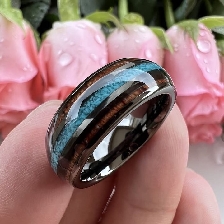 Bague en carbure de tungstène poli Olivenorma Wood Turquoise 8 mm