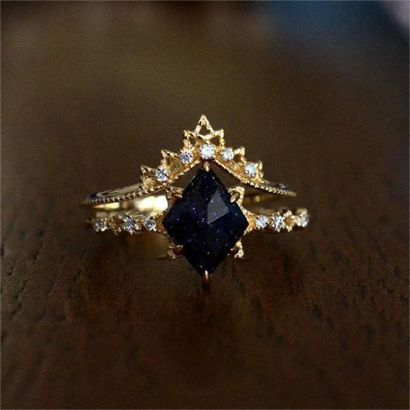 Bague couronne à double rangée de zircons blancs et de grès bleu Olivenorma