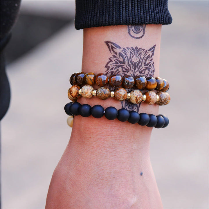 Olivenorma Lot de 3 bracelets en perles de jaspe et œil de tigre en onyx noir