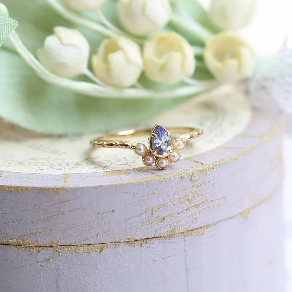 Bague double couche en forme de larme avec saphir et perle S925 Olivenorma