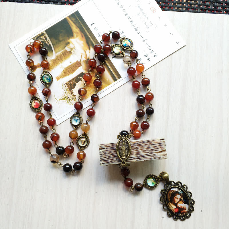 Collier chapelet avec pendentif médaille sacrée de la Vierge en agate Olivenorma