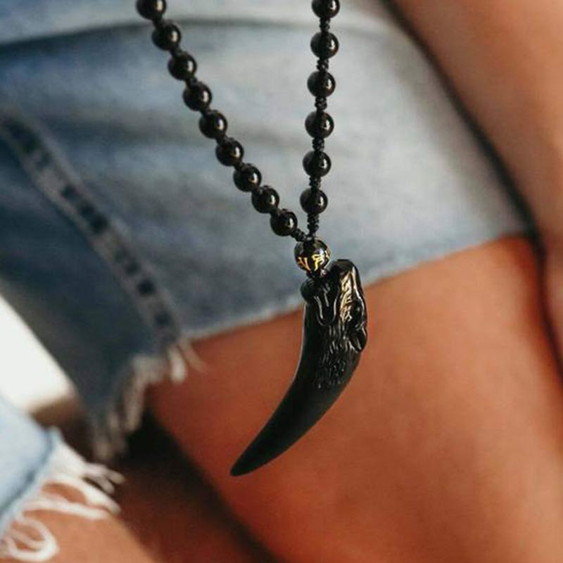 Collier Loup en Obsidienne Glacée