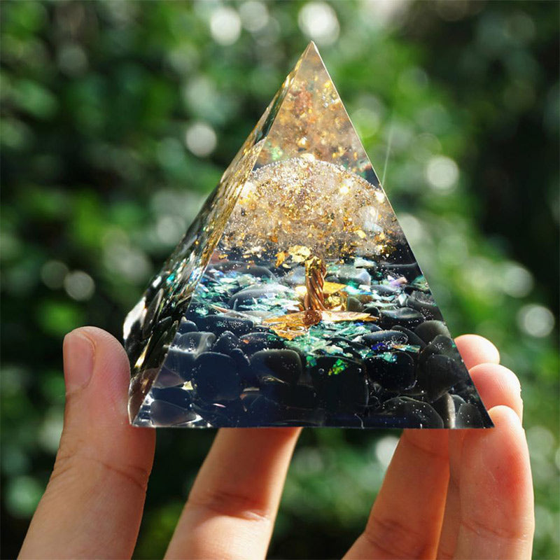 Pyramide d'orgone d'arbre de vie en obsidienne Olivenorma avec cristal clair