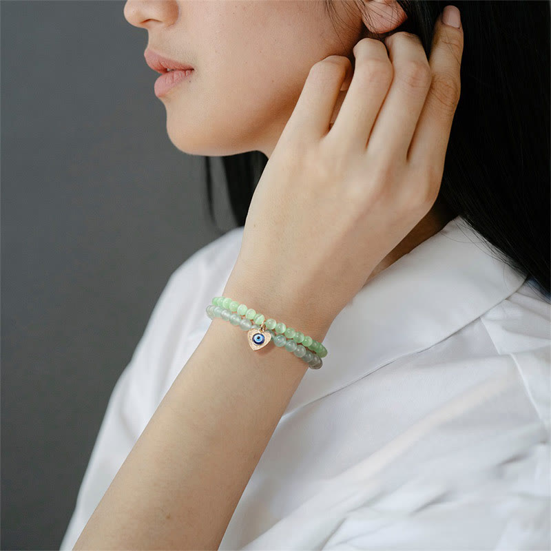 Bracelet double couche avec pendentif mauvais œil en pierre œil de chat Olivenorma