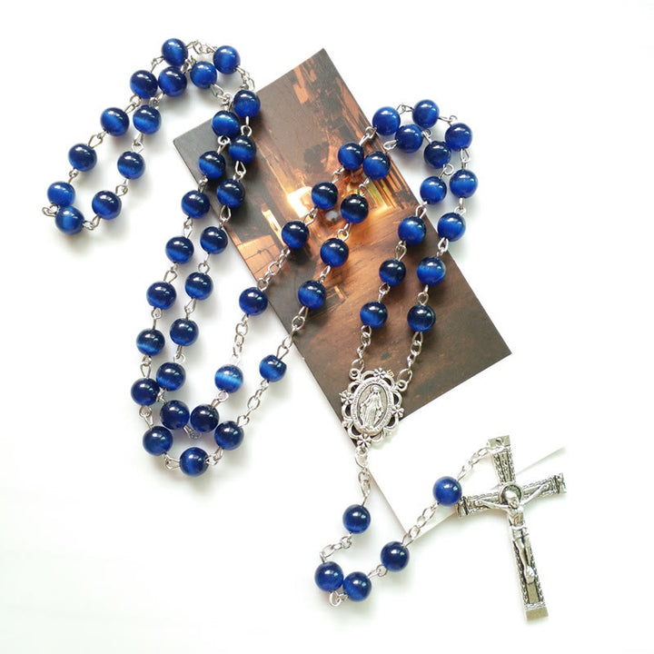 Collier chapelet croix en pierre œil de chat bleu Olivenorma de 8 mm