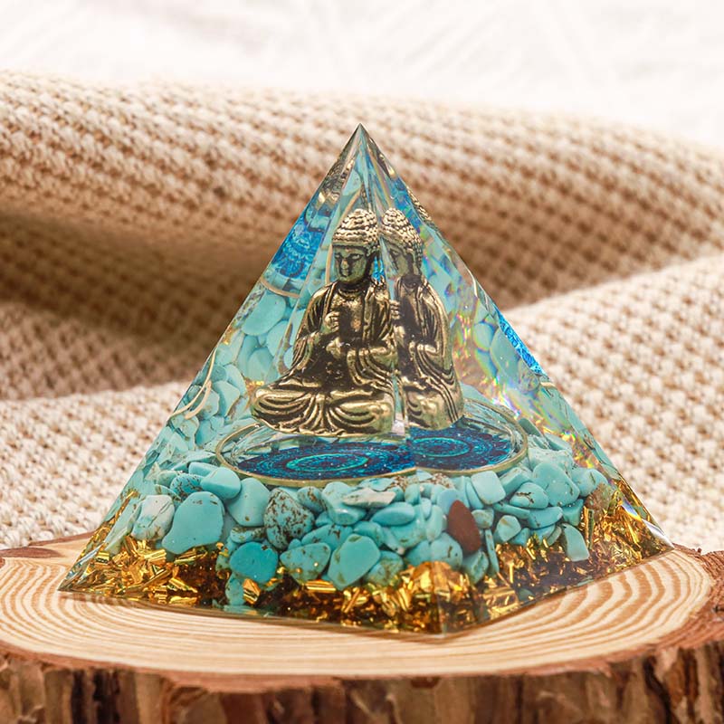 Bouddha Olivenorma avec pyramide orgone d'équilibre turquoise naturelle
