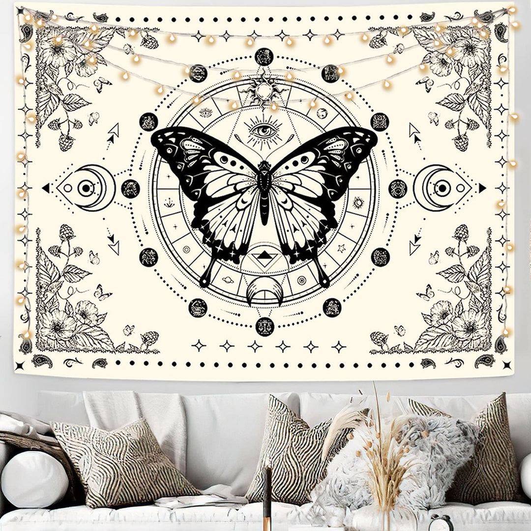 Tapisserie beige Olivenorma, papillon noir, fleur de lune
