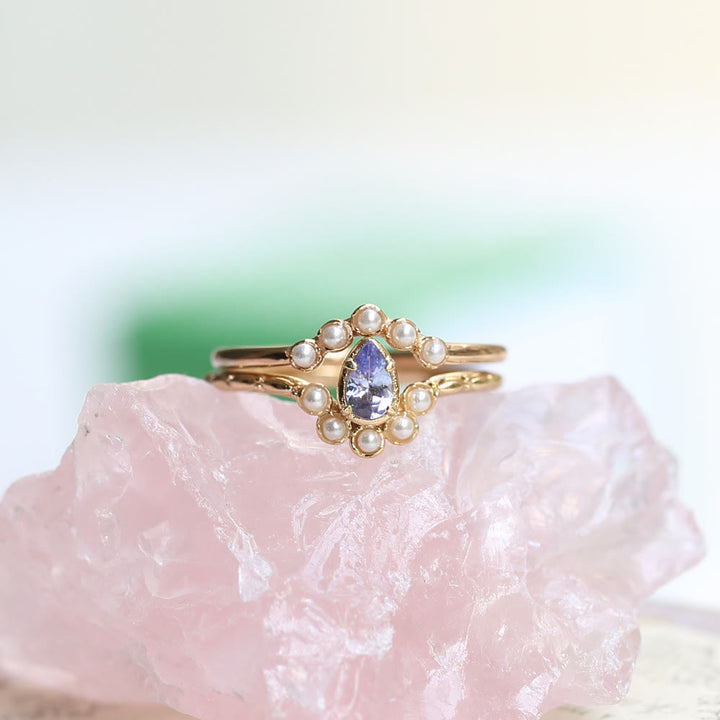 Bague double couche en forme de larme avec saphir et perle S925 Olivenorma