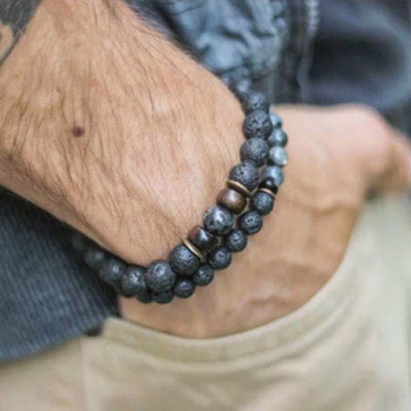 Bracelet énergétique pour homme en perles de bois et pierres naturelles de 8 mm Olivenorma