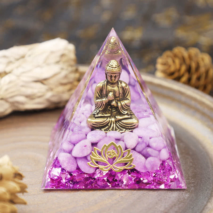 Olivenorma Bouddha Lotus avec pyramide d'orgone en violet de jade