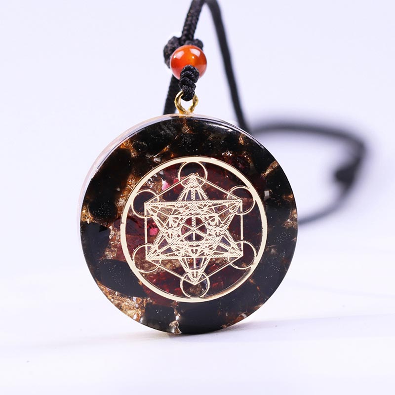 Collier symbole du cube de Métatron en obsidienne et grenat Olivenorma
