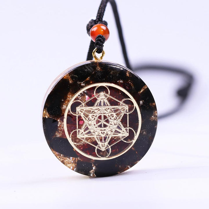 Collier symbole du cube de Métatron en obsidienne et grenat Olivenorma
