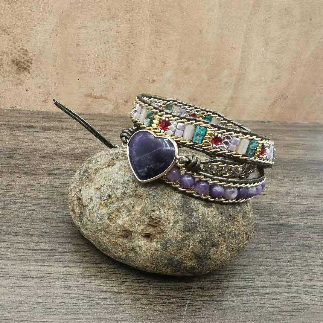 Bracelet enroulé de perles à breloques en forme de cœur en améthyste Olivenorma