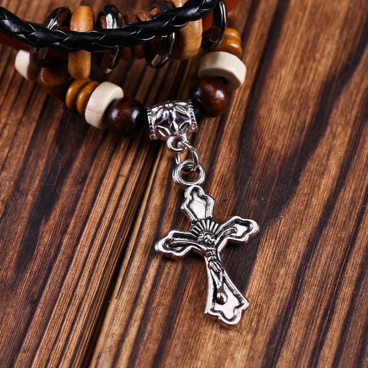 Bracelet tressé en cuir pour homme avec pendentif croix et étoile Olivenorma