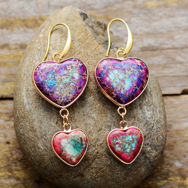 Boucles d'oreilles pendantes à double cœur en pierre empereur violette et rose rouge Olivenorma