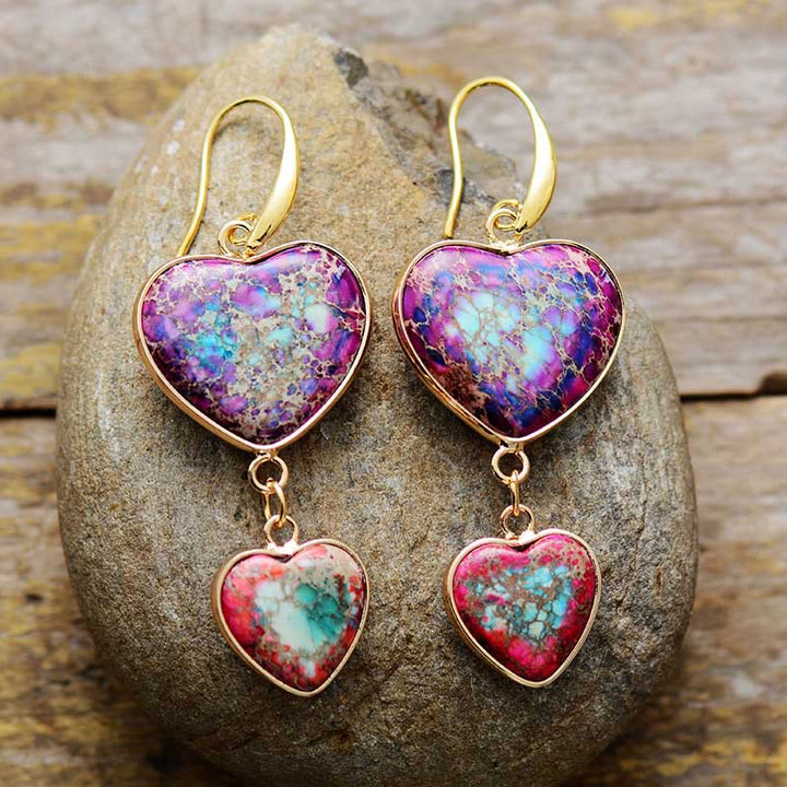 Boucles d'oreilles pendantes à double cœur en pierre empereur violette et rose rouge Olivenorma