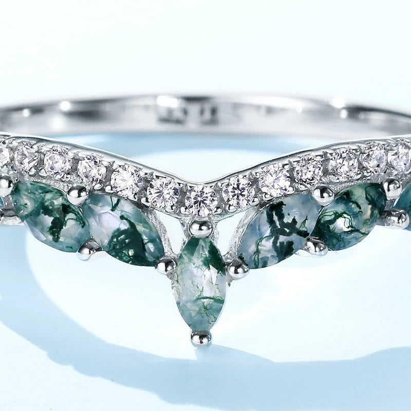 Bague en argent sterling 925 avec couronne en zircon blanc et agate mousse Olivenorma