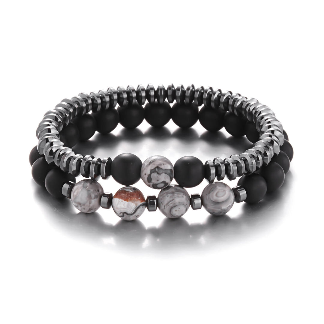 Ensemble de bracelets à perles pour hommes en jaspe gris et onyx noir Olivenorma