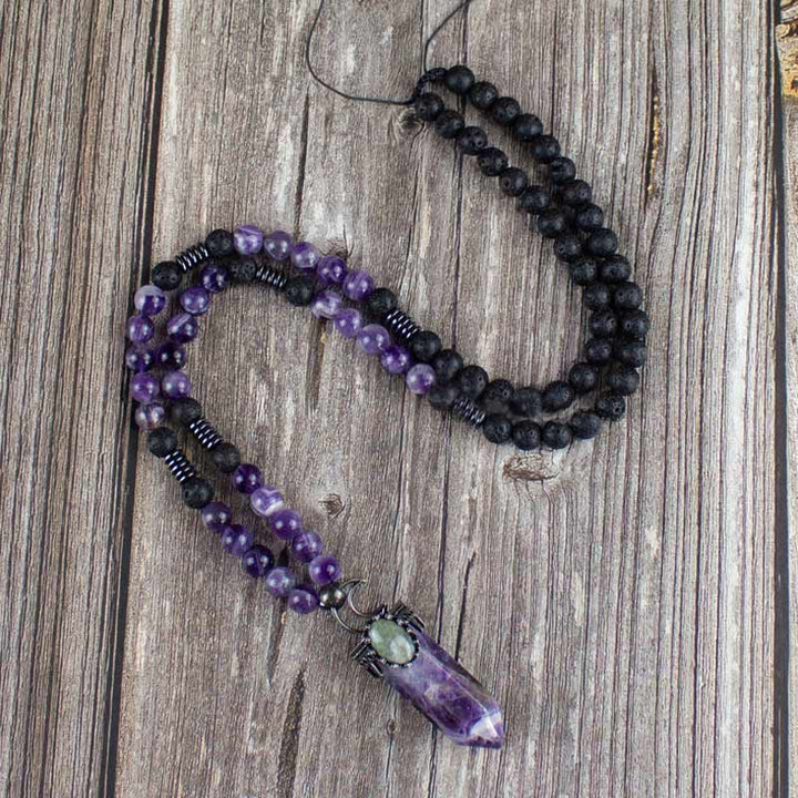 Collier Mala avec pendentif en forme de prisme hexagonal en cristal naturel Olivenorma