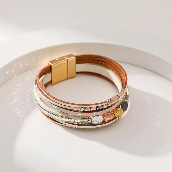 Bracelet en cuir à plusieurs niveaux avec feuille de zircon blanc et hématite Olivenorma