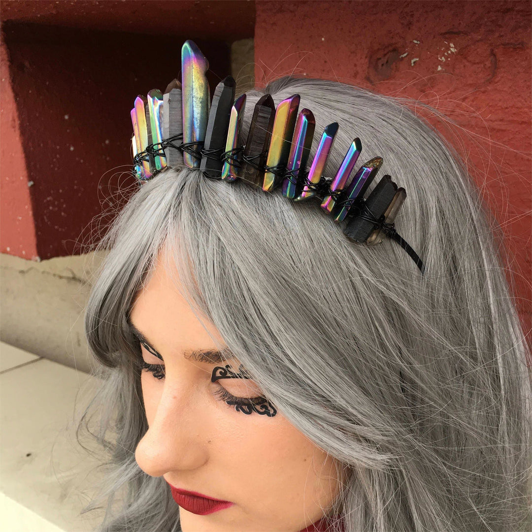 Couronne de cristal de sorcière gothique en quartz fumé et labradorite Olivenorma